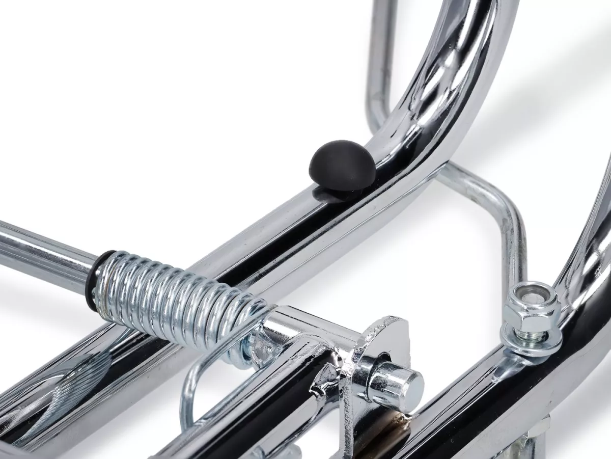 Rak bagasi depan lipat -CUPPINI- chrome, untuk mengangkut kaleng bensin 5 liter- Vespa Rangka Besar PX, Rally, Sprint, GT, GTR, TS dan Rangka Kecil 50S/N/L/R, 50SR, PV, ET3, PK S, PK XL