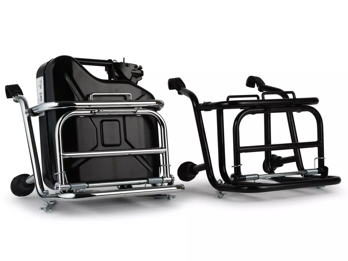 Rak bagasi depan lipat -CUPPINI- chrome, untuk mengangkut kaleng bensin 5 liter- Vespa Rangka Besar PX, Rally, Sprint, GT, GTR, TS dan Rangka Kecil 50S/N/L/R, 50SR, PV, ET3, PK S, PK XL