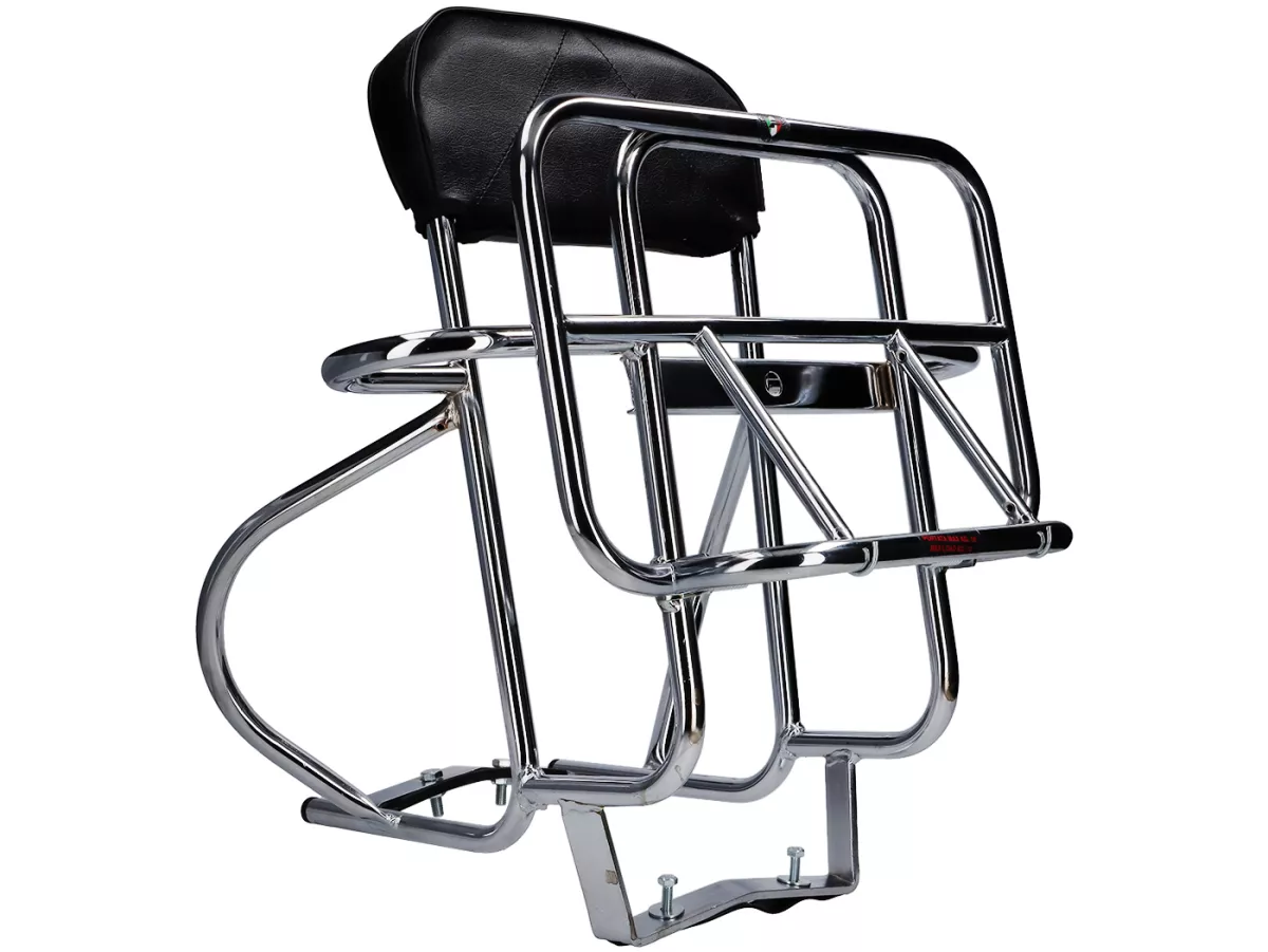 Porte-bagages arrière rabattable '3-IN-1' -AMS CUPPINI- Lambretta LI (série 3), LIS, SX, TV (série 3), DL, GP - avec dossier et support de roue de secours - Chrome
