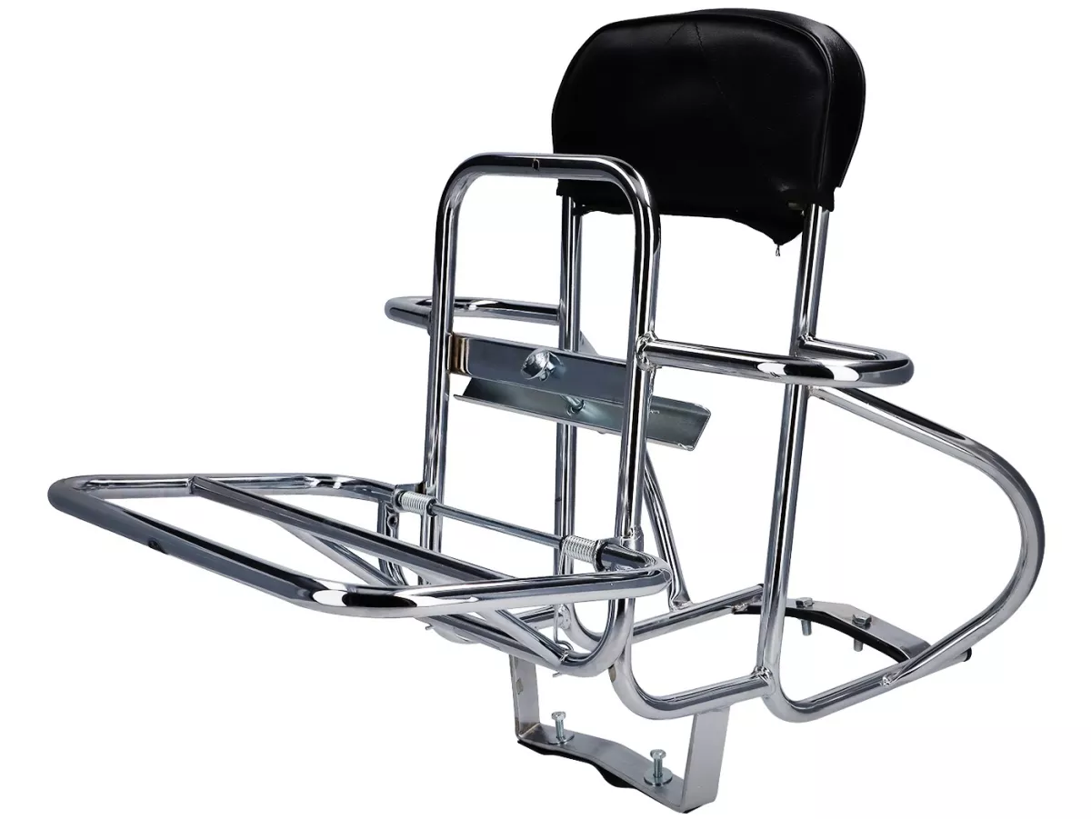 Porte-bagages arrière rabattable '3-IN-1' -AMS CUPPINI- Lambretta LI (série 3), LIS, SX, TV (série 3), DL, GP - avec dossier et support de roue de secours - Chrome
