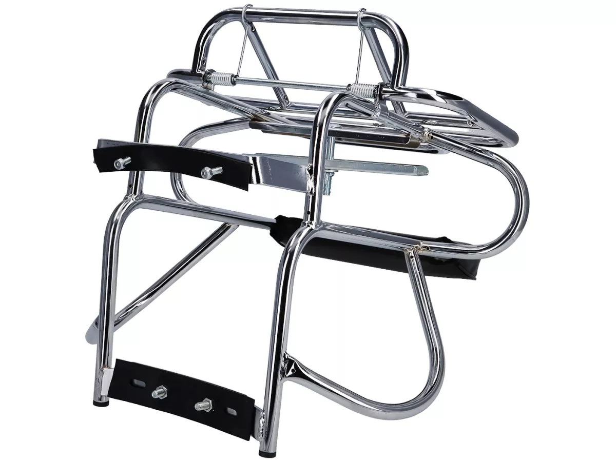 Porte-bagages arrière rabattable '3-IN-1' -AMS CUPPINI- Lambretta LI (série 3), LIS, SX, TV (série 3), DL, GP - avec dossier et support de roue de secours - Chrome