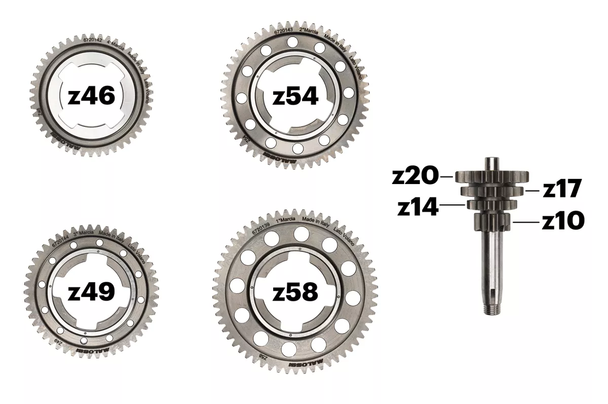 Set cambio -MALOSSI Racing- Vespa V50, PV125, ET3, PK50, PK80, PK125 S-XL - albero ausiliario 10-15-18-20, albero principale 46-49-54-58