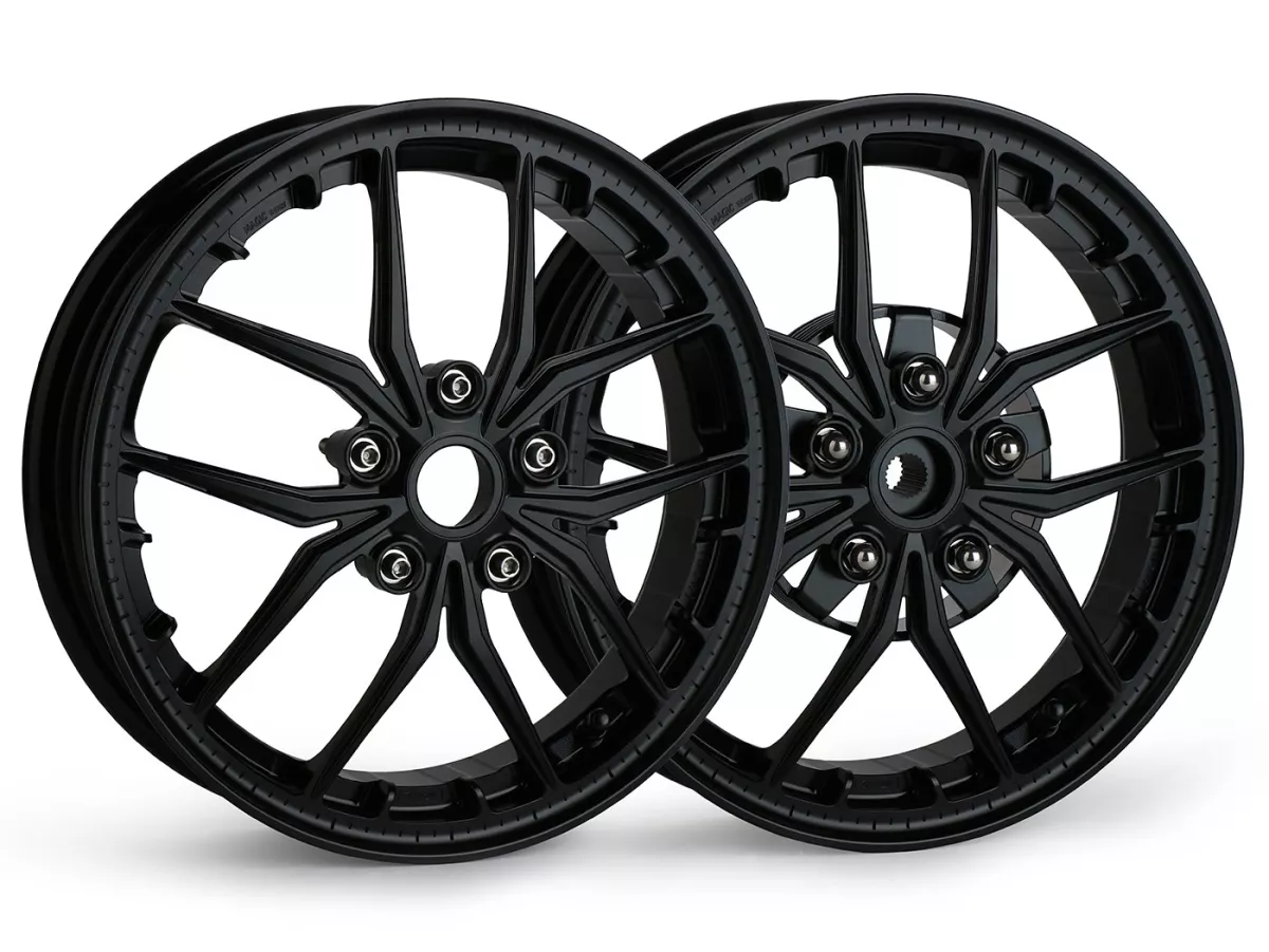 Set roda Magic MG-19 3.00-12 inci, tempa, hitam untuk Vespa GTS/GTS Super/GTV/GT 60/GT/GT L 125-310, Sprint/Primavera 125-150