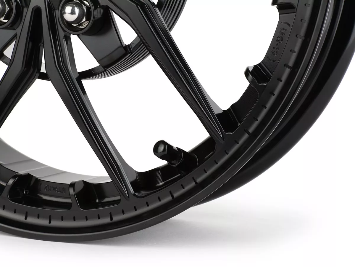 Set roda Magic MG-19 3.00-12 inci, tempa, hitam untuk Vespa GTS/GTS Super/GTV/GT 60/GT/GT L 125-310, Sprint/Primavera 125-150