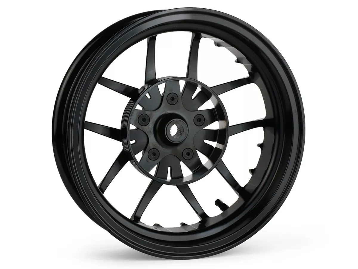 Set roda Magic MG-19 3.00-12 inci, tempa, hitam untuk Vespa GTS/GTS Super/GTV/GT 60/GT/GT L 125-310, Sprint/Primavera 125-150