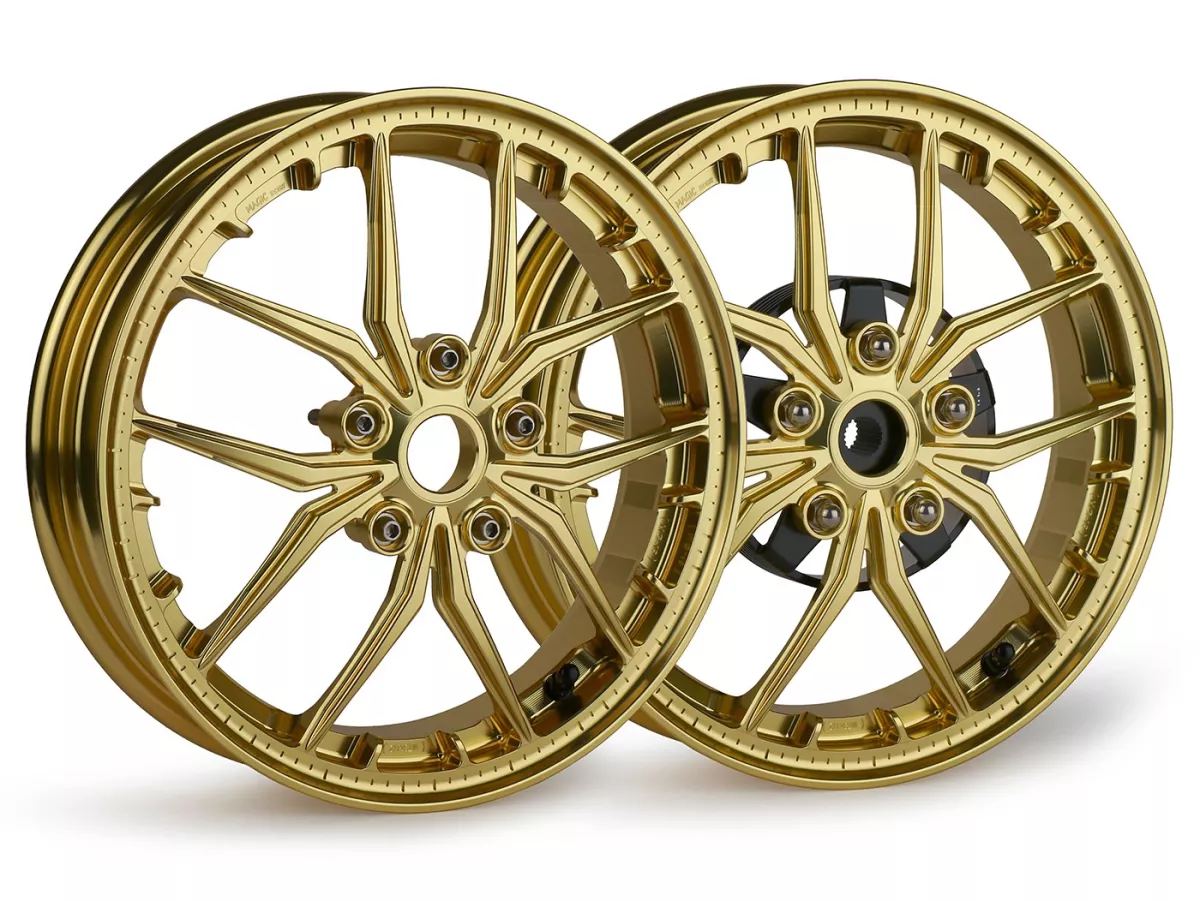 Wheel set Magic MG-19 3.00-12 inch, forged, gold for Vespa GTS/GTS Super/GTV/GT 60/GT/GT L 125-310, Sprint/Primavera 125-150