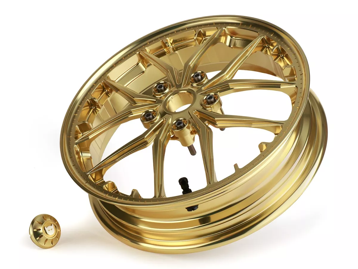 Wheel set Magic MG-19 3.00-12 inch, forged, gold for Vespa GTS/GTS Super/GTV/GT 60/GT/GT L 125-310, Sprint/Primavera 125-150