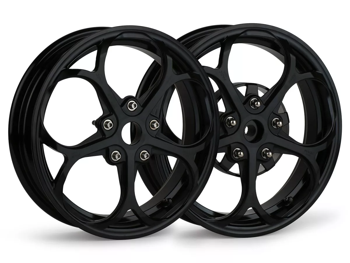 Set roda Magic MG-21 3.00-12 inci, tempa, hitam untuk Vespa GTS/GTS Super/GTV/GT 60/GT/GT L 125-310, Sprint/Primavera 125-150