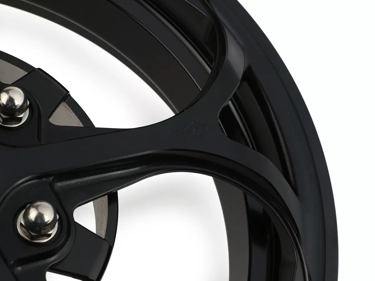 Set roda Magic MG-21 3.00-12 inci, tempa, hitam untuk Vespa GTS/GTS Super/GTV/GT 60/GT/GT L 125-310, Sprint/Primavera 125-150