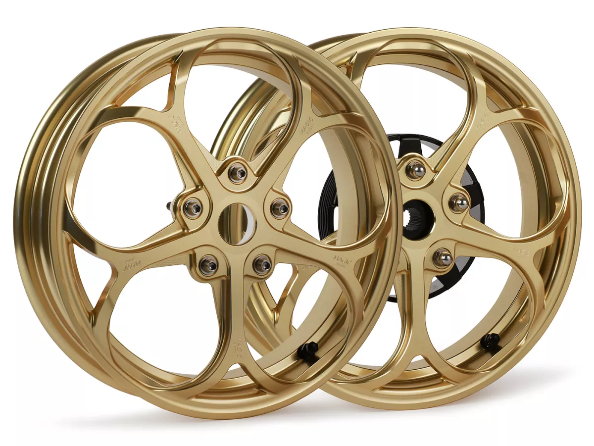 Wheel set Magic MG-21 3.00-12 inch, forged, gold for Vespa GTS/GTS Super/GTV/GT 60/GT/GT L 125-310, Sprint/Primavera 125-150