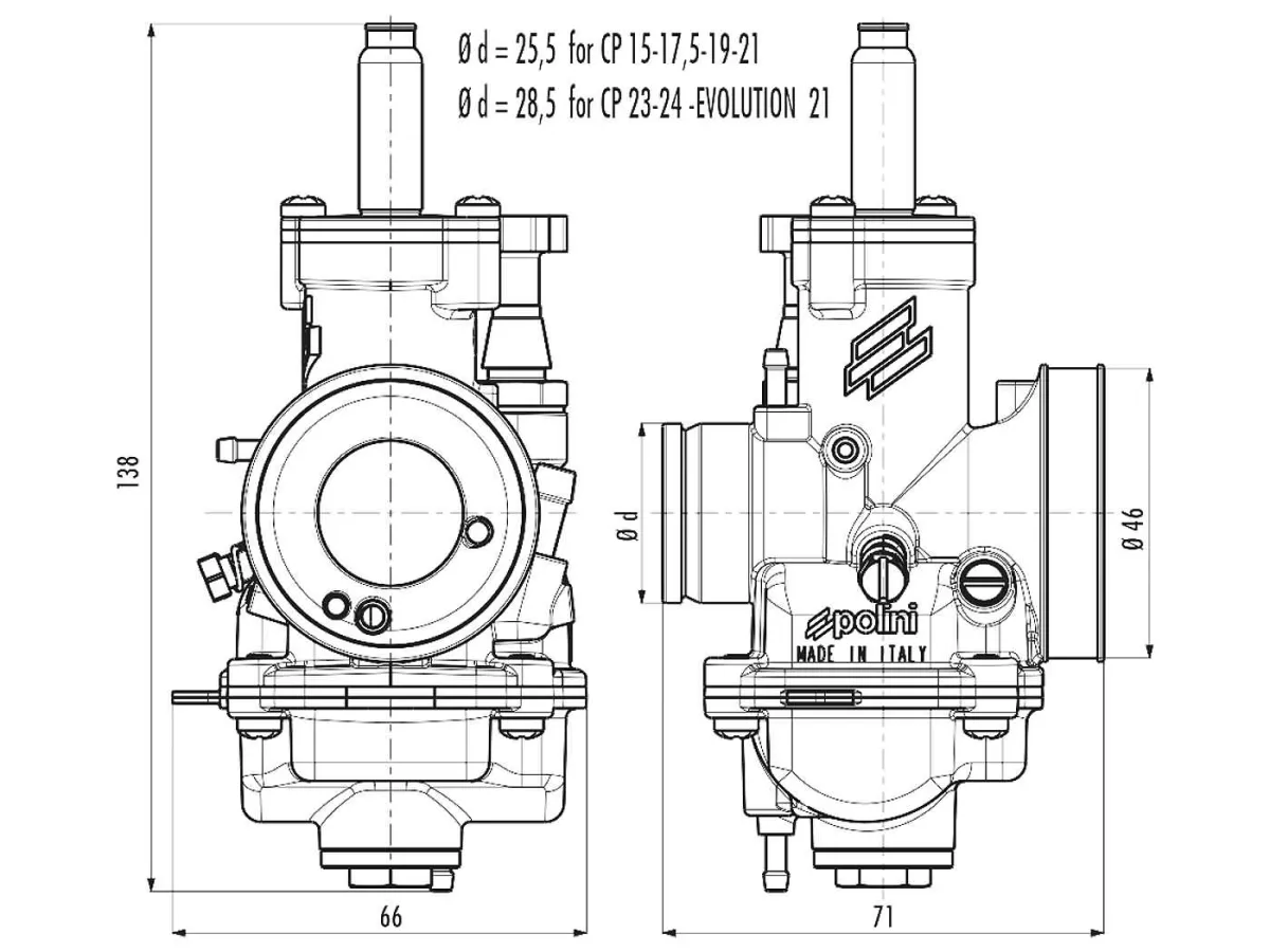 Carburatore -POLINI- CP 21mm - AW=Ø24mm - attacco a innesto - strozzatura diretta