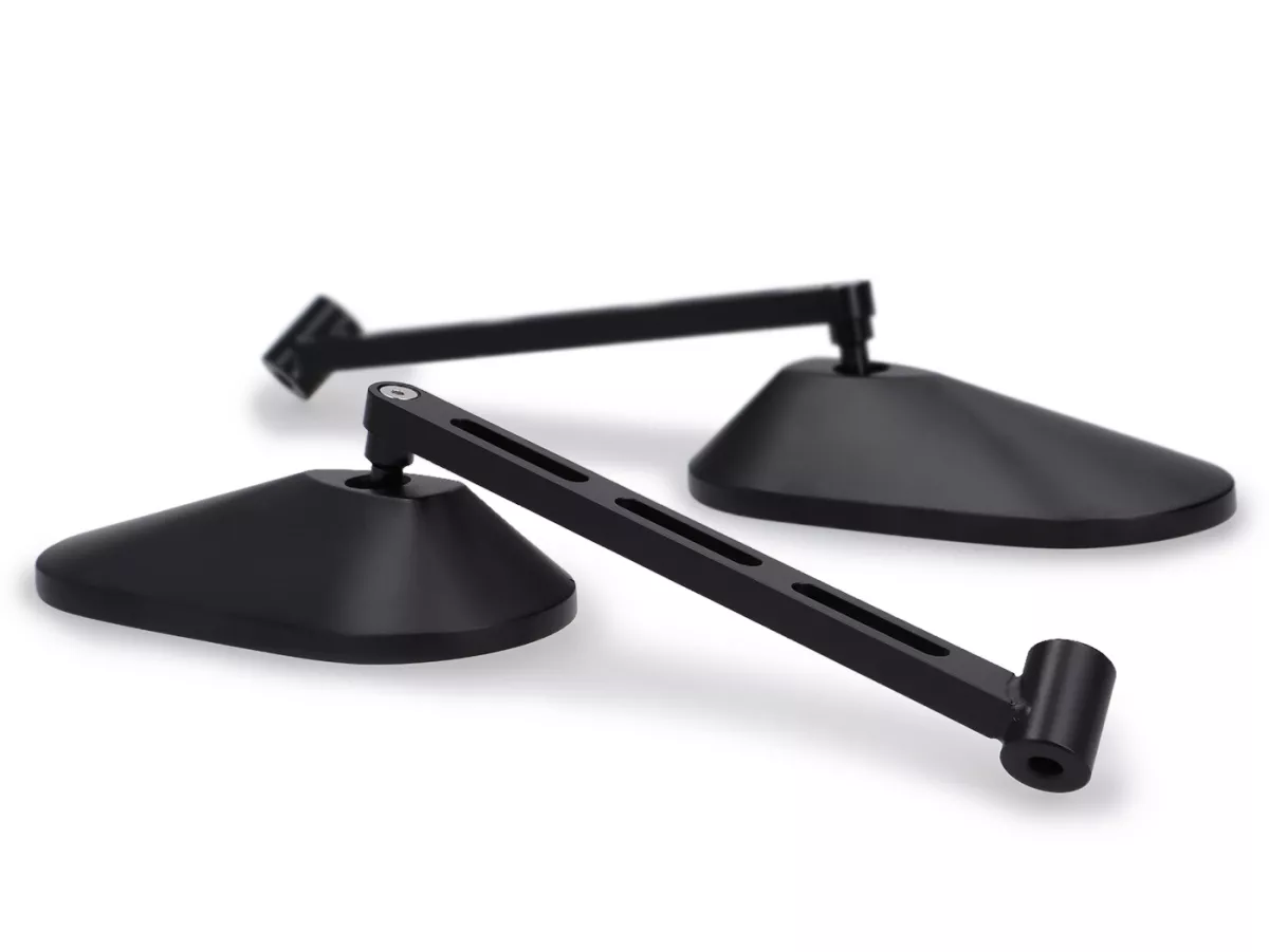 Spiegelset onder stuur -STD ScooterTec- aluminium CNC, links- voor Royal Alloy GT, GP, TG - Materiaal/kleur: staal, oppervlak zwart mat gelakt