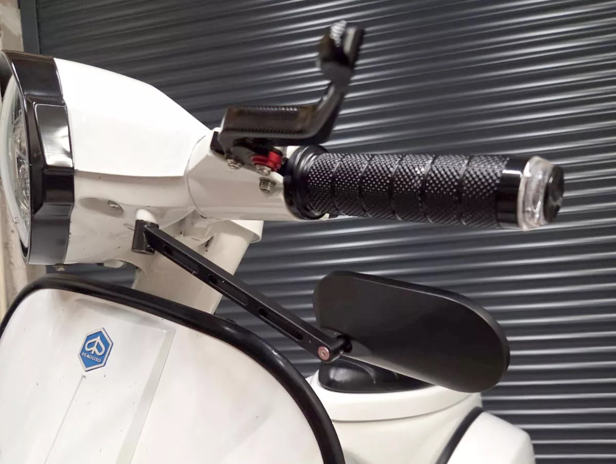 Mirror under handlebar -STD ScooterTec- aluminum CNC, right - for Vespa PX old, PX Lusso, PK S/XL and Motovespa DN, PX, Iris, PK - Material/color: steel, surface black matt lacquered