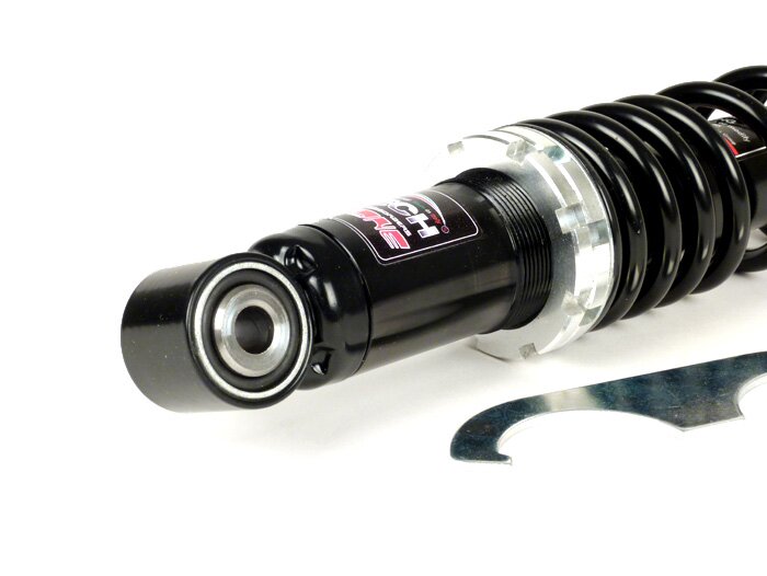 Shock absorber rear -CARBONE HI-TECH, 285mm, (2014-)- Piaggio Leader, Vespa Skipper 125-150, ZIP 125, LX50-150, LXV50-125, S50-150, ET4 125 (ZAPM19), bottom seating: lug - black