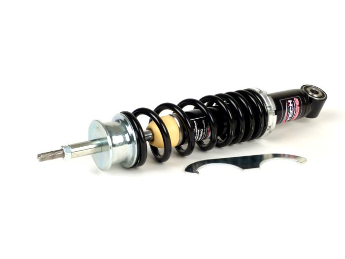 Shock absorber rear -CARBONE HI-TECH, 285mm, (2014-)- Piaggio Leader, Vespa Skipper 125-150, ZIP 125, LX50-150, LXV50-125, S50-150, ET4 125 (ZAPM19), bottom seating: lug - black