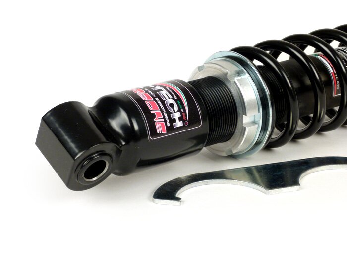 Shock absorber front -CARBONE HI-TECH, 210mm, (2014-)- Vespa Sprint50, Sprint125, Sprint150, bottom seating: lug - black