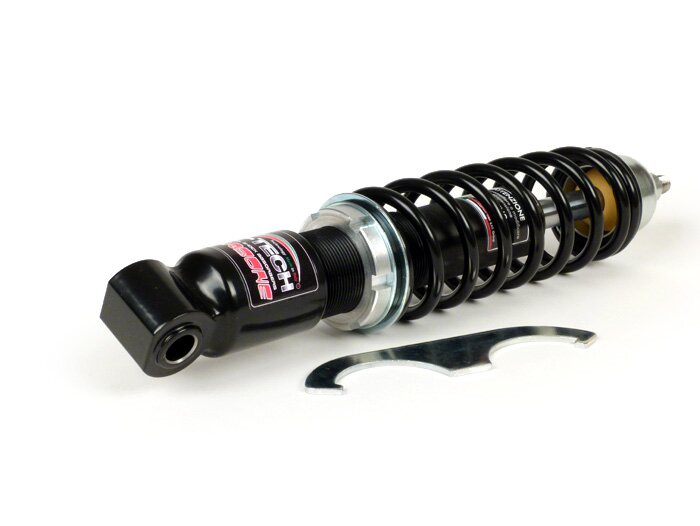 Shock absorber front -CARBONE HI-TECH, 210mm, (2014-)- Vespa Sprint50, Sprint125, Sprint150, bottom seating: lug - black