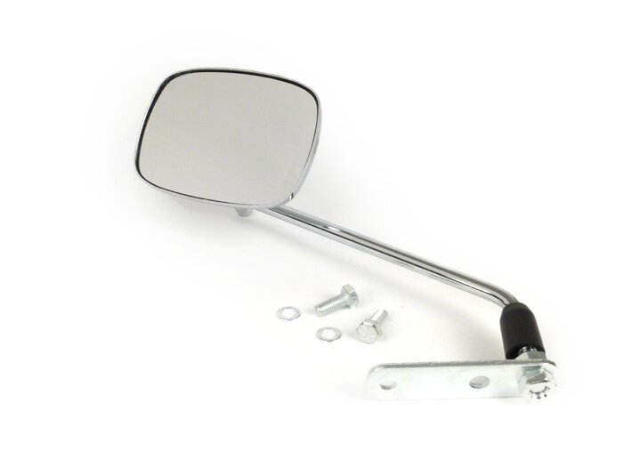 Mirror -FAR square, with bracket- Vespa V50 Special (trapeze), PV125, ET3, Rally, Sprint, PX, Super, TS125, GT125, GTR125, GL150, SS180 - lhs/rhs - E2 (E-mark) - chrome