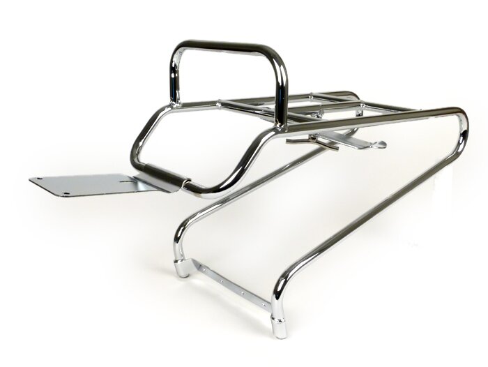 Rear rack -MOTO NOSTRA horizontal spare wheel holder- Vespa PX80, PX125, PX150, PX200 - chrome