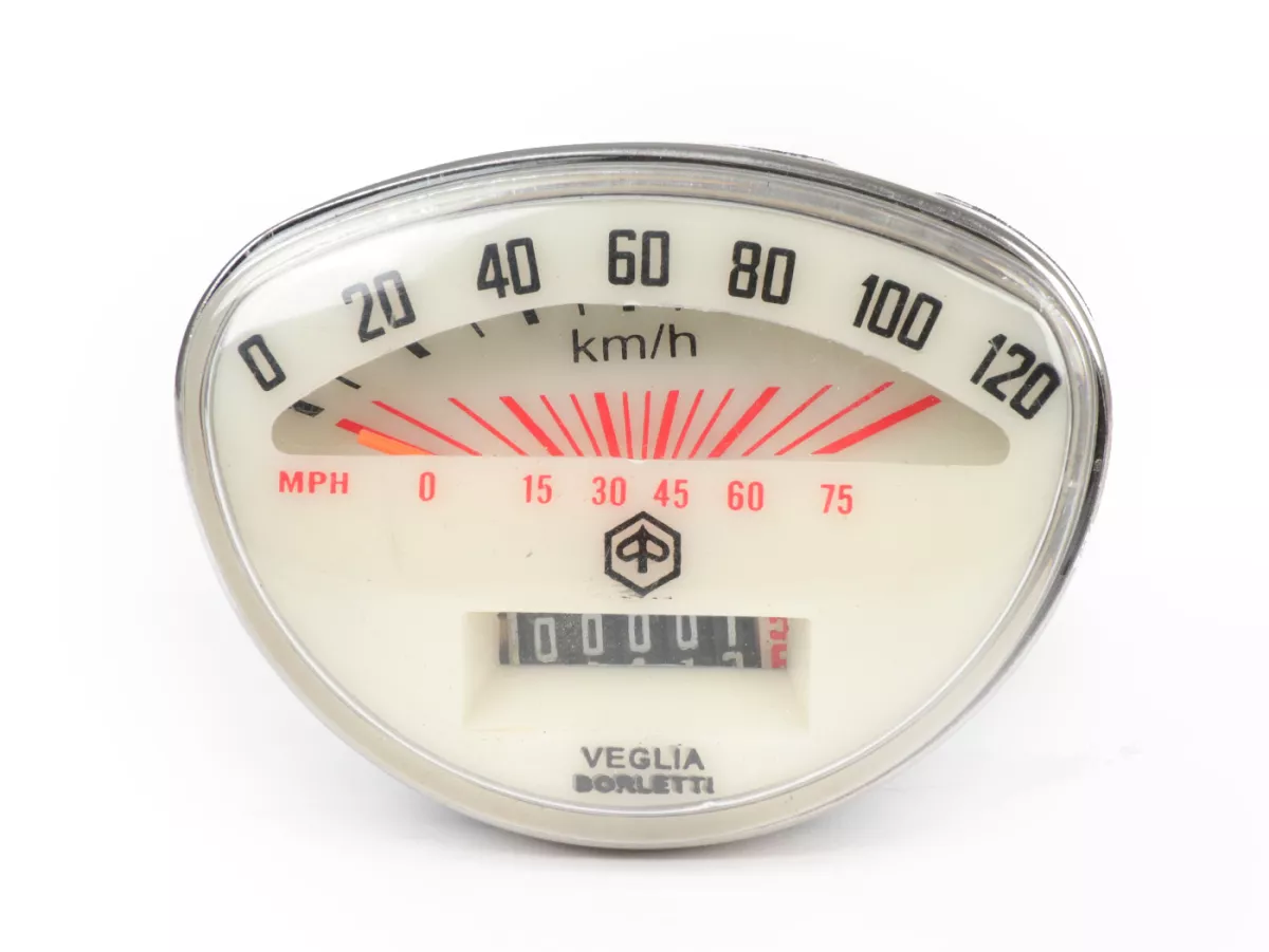 Speedometer -VESPA- SR50, SS50, SS90, PV125, ET3, Super, TS, GTR, Sprint, Rally - 120km/h / 75mph (white dial, black digits)