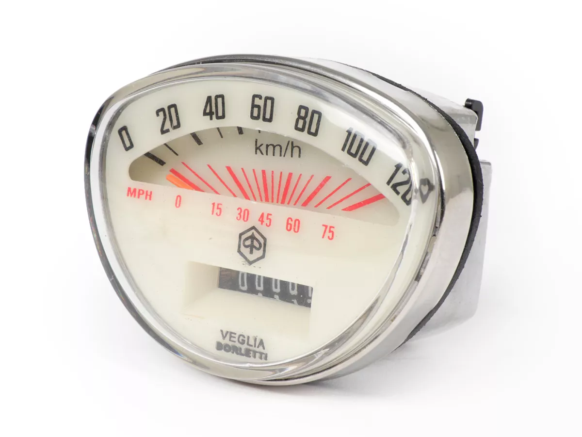 Speedometer -VESPA- SR50, SS50, SS90, PV125, ET3, Super, TS, GTR, Sprint, Rally - 120km/h / 75mph (white dial, black digits)