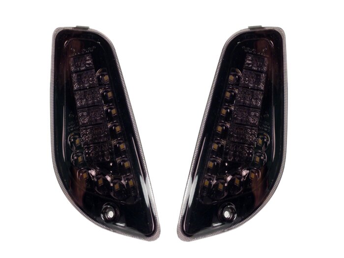 Juego de intermitentes -POWER 1 LED luz diurna (E-mark)- Vespa LX, LXV, S - ahumado / tintado negro - delante - cristal transparente