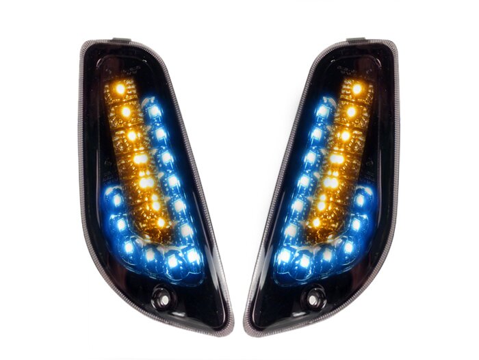 Juego de intermitentes -POWER 1 LED luz diurna (E-mark)- Vespa LX, LXV, S - ahumado / tintado negro - delante - cristal transparente