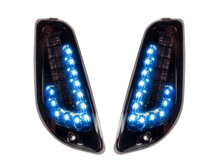 Juego de intermitentes -POWER 1 LED luz diurna (E-mark)- Vespa LX, LXV, S - ahumado / tintado negro - delante - cristal transparente