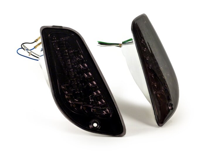 Juego de intermitentes -POWER 1 LED luz diurna (E-mark)- Vespa LX, LXV, S - ahumado / tintado negro - delante - cristal transparente