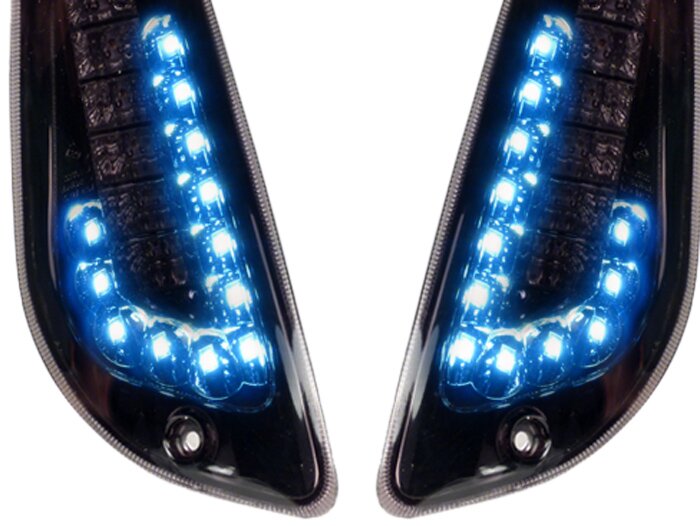 Juego de intermitentes -POWER 1 LED luz diurna (E-mark)- Vespa LX, LXV, S - ahumado / tintado negro - delante - cristal transparente