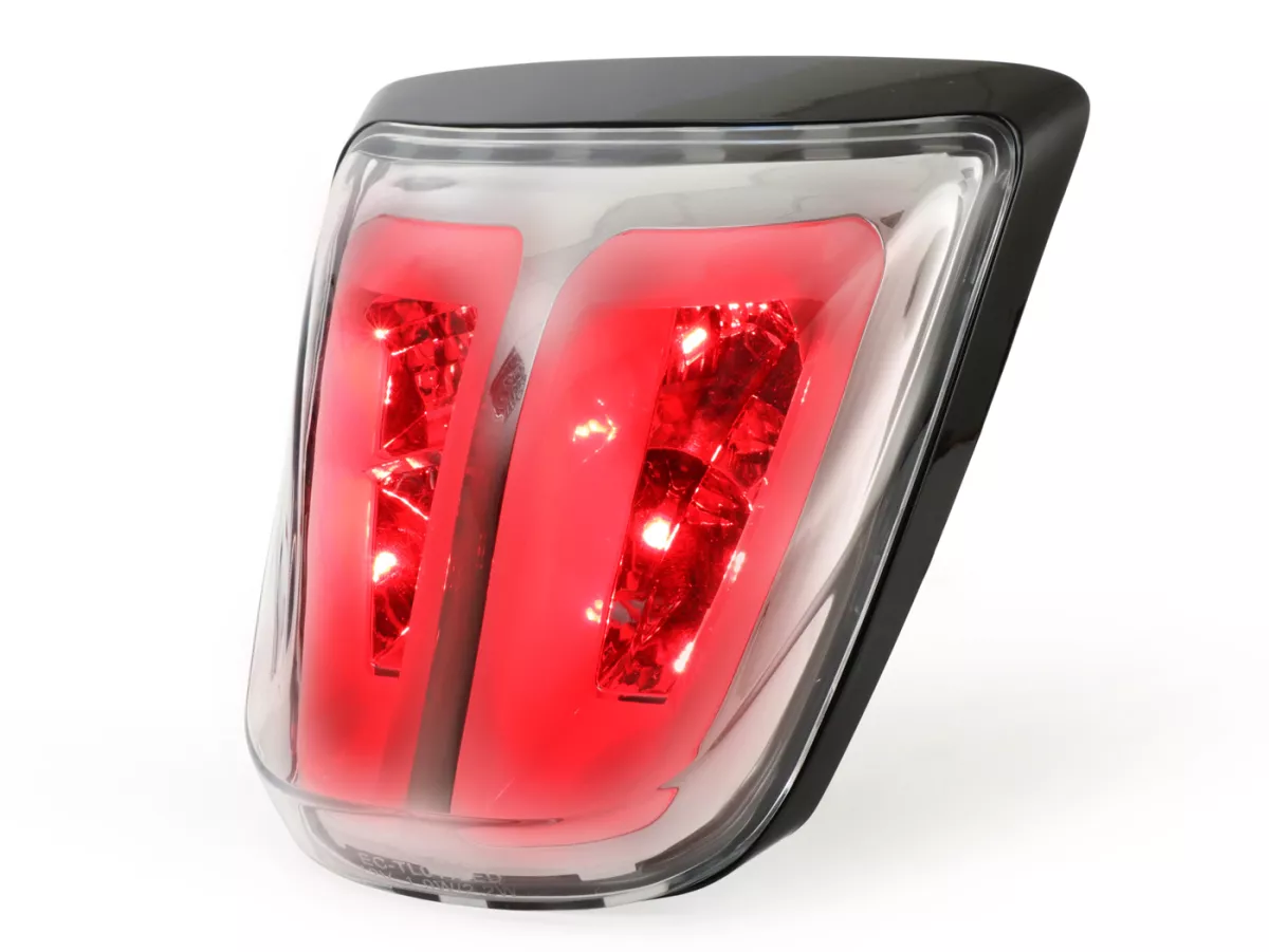 Fanale posteriore -POWER 1 LED Tube- Vespa Primavera, Sprint - vetro trasparente / cornice nera lucida