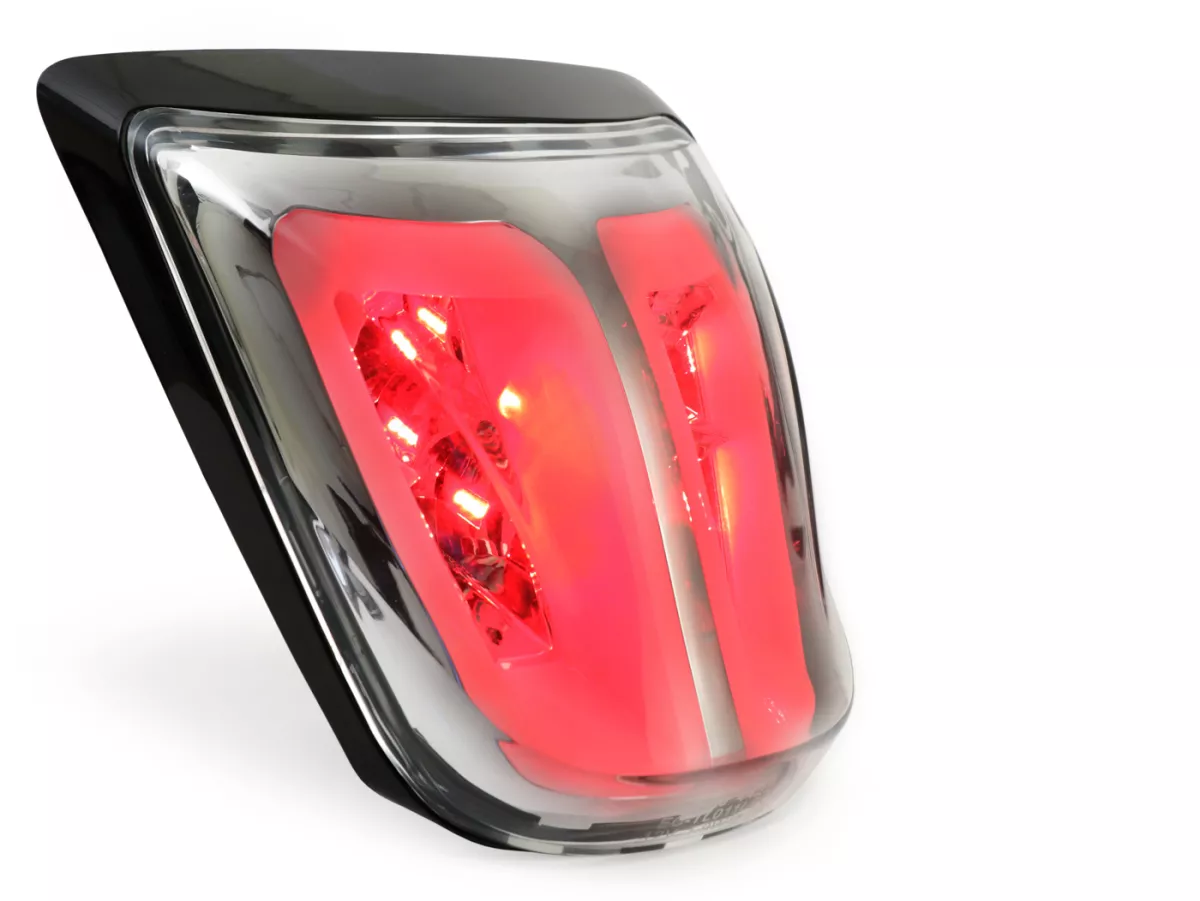 Fanale posteriore -POWER 1 LED Tube- Vespa Primavera, Sprint - vetro trasparente / cornice nera lucida