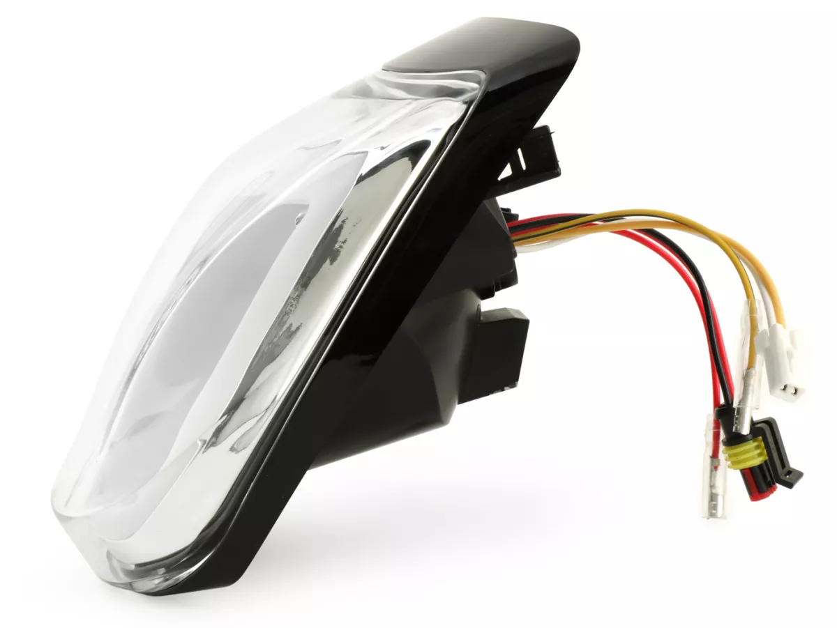 Fanale posteriore -POWER 1 LED Tube- Vespa Primavera, Sprint - vetro trasparente / cornice nera lucida