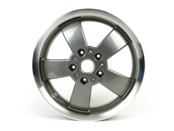 Velg -PIAGGIO GTS300 70 jaar - donkergrijs, zilveren velg, (3.00x12) - 5 spaken - past op Vespa GTS, HPE 125/300cc - achter (2017-, ABS-tint wiel vastgeschroefd op velg)