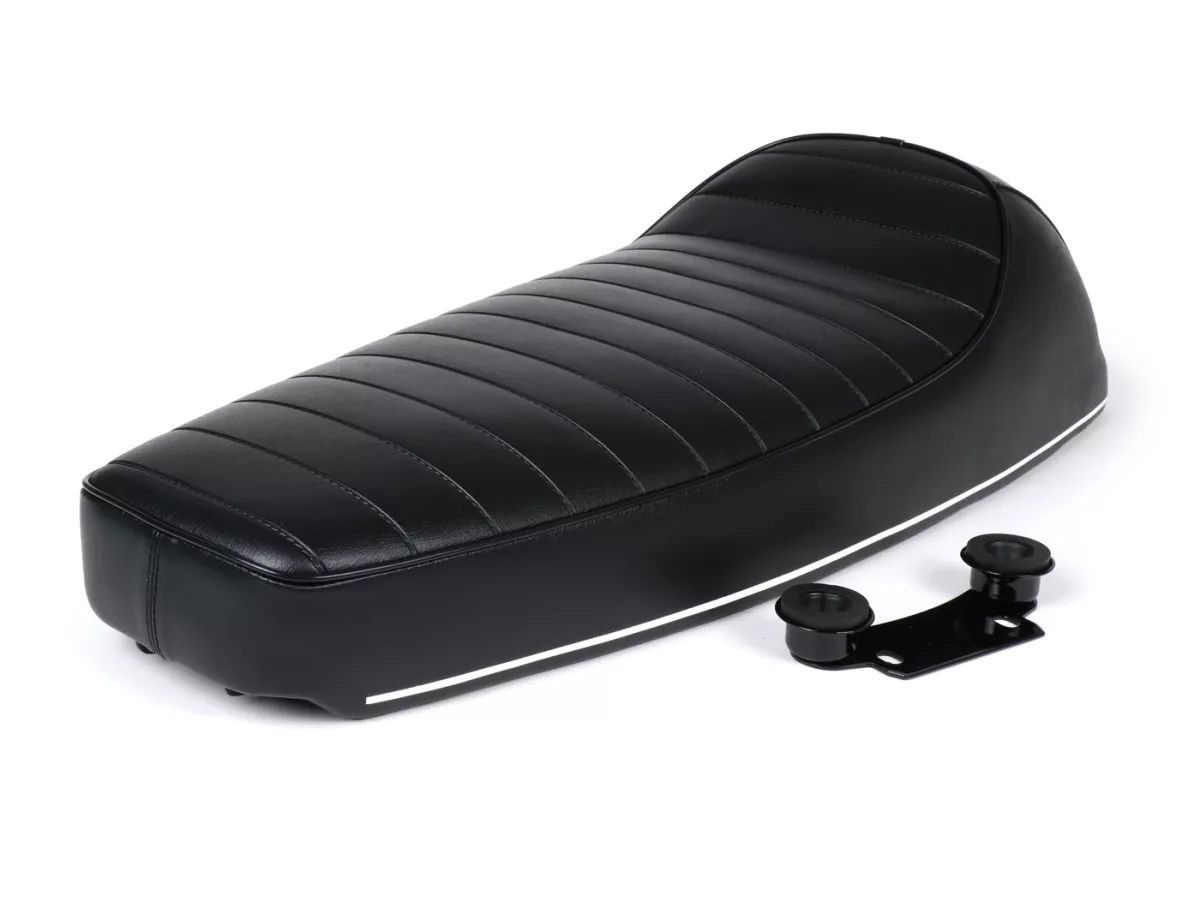 Asiento -SELLERIA TREZZI- Vespa T5 125cc, MK1 - negro, banda de adorno blanca