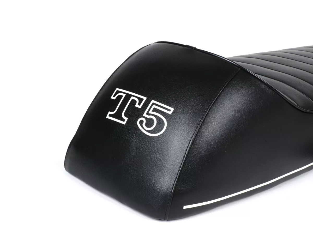 Asiento -SELLERIA TREZZI- Vespa T5 125cc, MK1 - negro, banda de adorno blanca