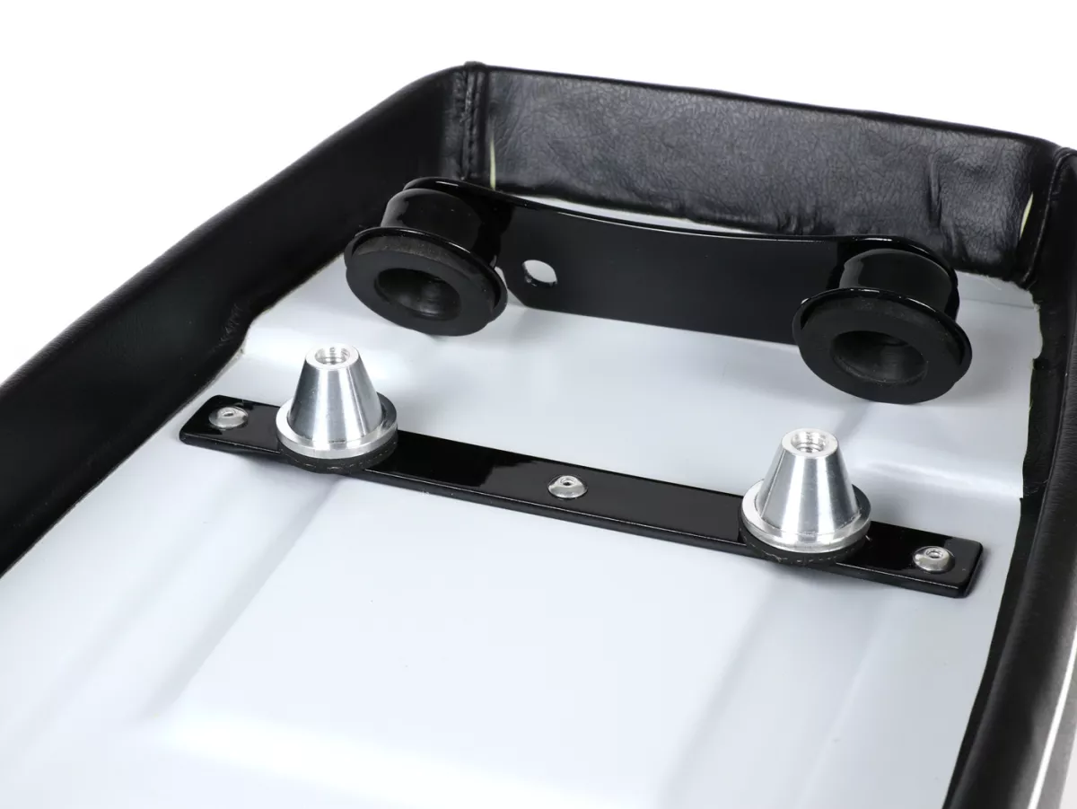 Asiento -SELLERIA TREZZI- Vespa T5 125cc, MK1 - negro, banda de adorno blanca