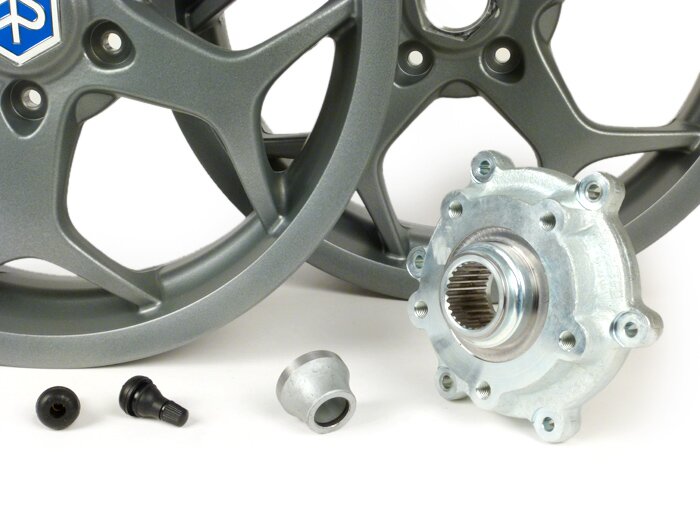 Wielset incl. ombouwset -PIAGGIO 3.00-13 inch (5 spaken)- type Piaggio MP3 Sport- geschikt voor Vespa GT, GTL, GTS 125-300, GTV - zilver