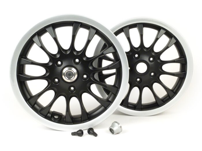 Velgenset incl. ombouwset -PIAGGIO 3.00-12 inch - 14 spaken- type Vespa Sprint 50-150 ccm - geschikt voor Vespa GT, GTL, GTS 125-300, GTV - zwarte mat/zilveren velg