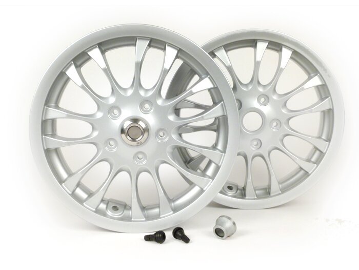 Set di ruote incl. kit di conversione -PIAGGIO 3.00-12 pollici - 14 raggi- tipo Vespa Sprint 50-150 ccm - adatto per Vespa GT, GTL, GTS 125-300, GTV - grigio-argento