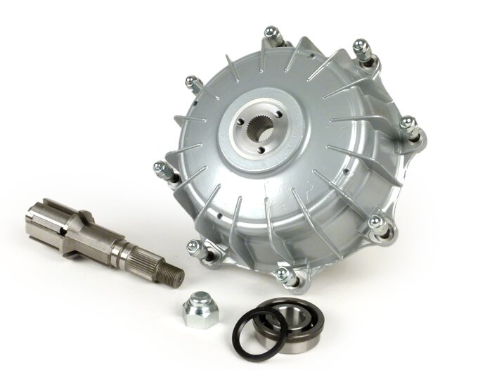 Rear brake drum incl. main shaft and bearing -CASA PERFORMANCE Octopus Multispline- Lambretta LI (Series 3), LIS, SX, TV (Series 3), DL, GP - Silver painted