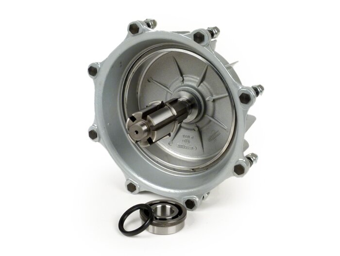 Rear brake drum incl. main shaft and bearing -CASA PERFORMANCE Octopus Multispline- Lambretta LI (Series 3), LIS, SX, TV (Series 3), DL, GP - Silver painted
