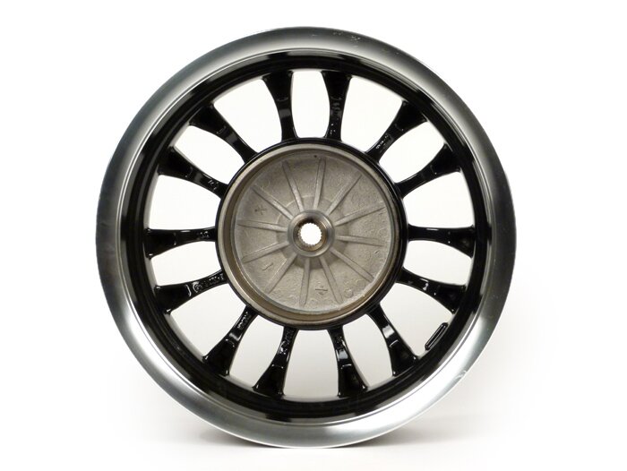 Achtervelg -PIAGGIO 3.00-12 inch, Ø remtrommel = 140mm - 14 spaken- Vespa Sprint 50 (ZAPC53101), Sprint 125, Sprint 150 - zwart, gepolijste velg