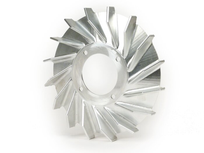 Waaier - Ventilatorwiel - Ventilatorring -MMW Aluminium CNC 360Gr. voor PINASCO Flytech- Vespa Wideframe V15-33, VM, VN, ACMA, VB1, VGL1, VL, GS150