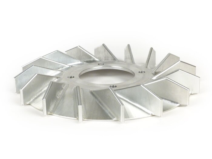 Waaier - Ventilatorwiel - Ventilatorring -MMW Aluminium CNC 360Gr. voor PINASCO Flytech- Vespa Wideframe V15-33, VM, VN, ACMA, VB1, VGL1, VL, GS150