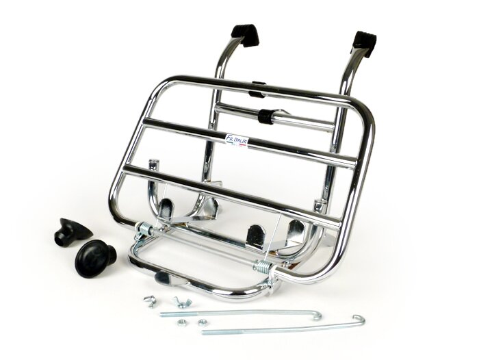Inklapbaar voorrek -FA ITALIA, chroom, met houder voor benzinejerrycan 5l FA Italia- Vespa Smallframe V50, 50S/N/L/R, 50SR, PV, ET3, PK S, PK XL, Largeframe PX, T5, Sprint, Rally, GS160, SS180, TS, GT, GTR, VNA, VNB, VBA, VBB, Super, Wideframe V1-V3
