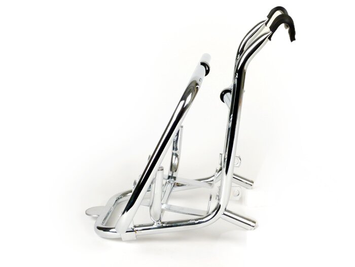 Inklapbaar voorrek -FA ITALIA, chroom, met houder voor benzinejerrycan 5l FA Italia- Vespa Smallframe V50, 50S/N/L/R, 50SR, PV, ET3, PK S, PK XL, Largeframe PX, T5, Sprint, Rally, GS160, SS180, TS, GT, GTR, VNA, VNB, VBA, VBB, Super, Wideframe V1-V3