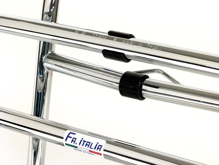 Inklapbaar voorrek -FA ITALIA, chroom, met houder voor benzinejerrycan 5l FA Italia- Vespa Smallframe V50, 50S/N/L/R, 50SR, PV, ET3, PK S, PK XL, Largeframe PX, T5, Sprint, Rally, GS160, SS180, TS, GT, GTR, VNA, VNB, VBA, VBB, Super, Wideframe V1-V3