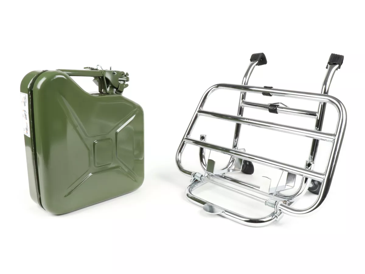 Inklapbaar bagagerek voor -FA ITALIA, chroom, inclusief 5 liter benzinekan - Vespa Smallframe V50, 50S/N/L/R, 50SR, PV, ET3, PK S, PK XL, Largeframe PX, T5, Sprint, Rally, GS160, SS180, TS, GT, GTR, VNA, VNB, VBA, VBB, Super, Wideframe V1-V33, VB, VN,