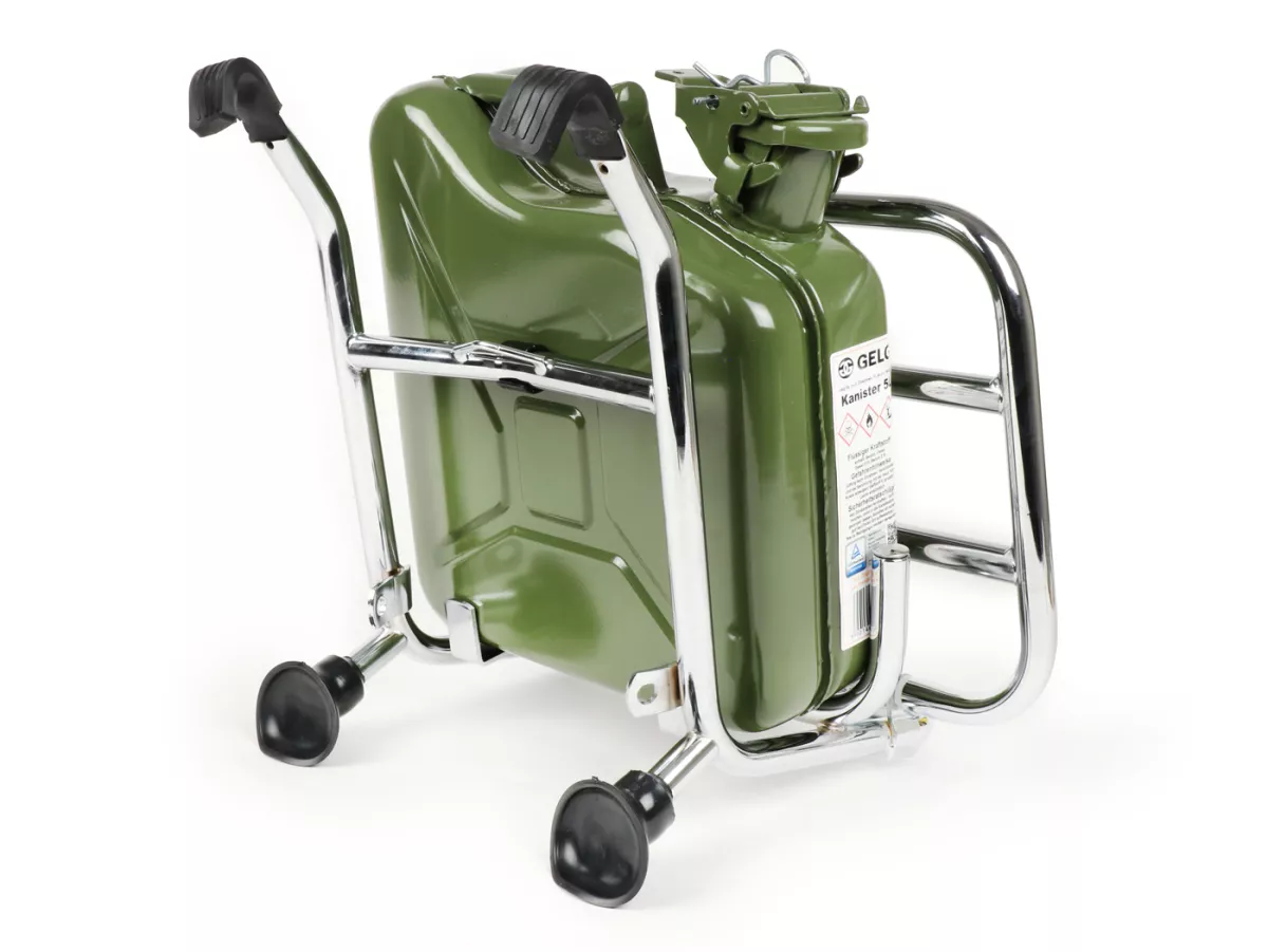 Inklapbaar bagagerek voor -FA ITALIA, chroom, inclusief 5 liter benzinekan - Vespa Smallframe V50, 50S/N/L/R, 50SR, PV, ET3, PK S, PK XL, Largeframe PX, T5, Sprint, Rally, GS160, SS180, TS, GT, GTR, VNA, VNB, VBA, VBB, Super, Wideframe V1-V33, VB, VN,